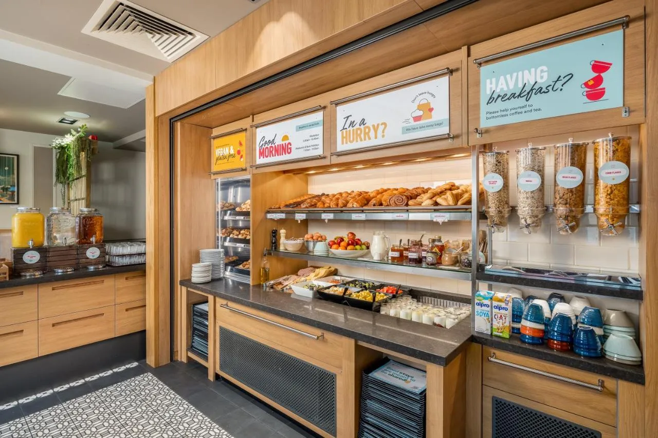 Bakery counter with breakfast items at the hotel near St Pancras